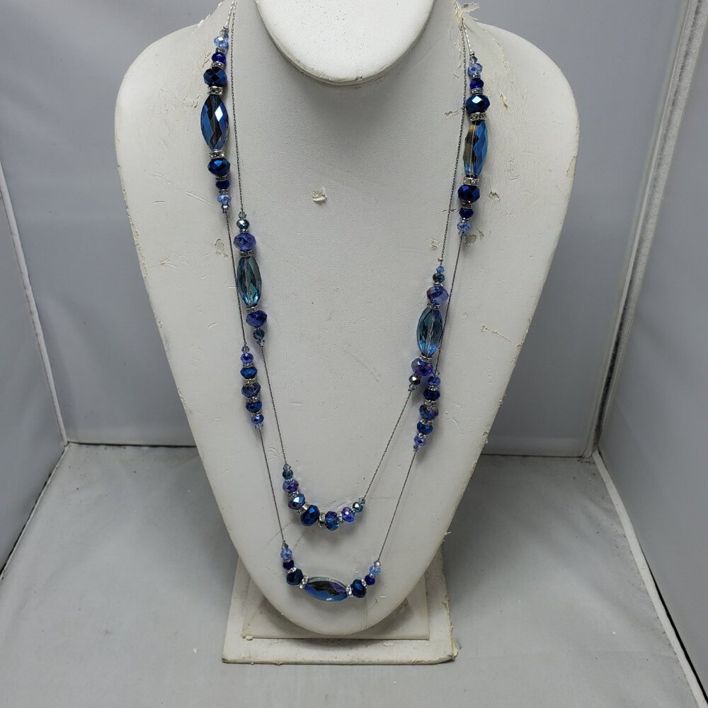Ali Khan 2 row illusion rope necklace with faceted blue glass beads and crystals